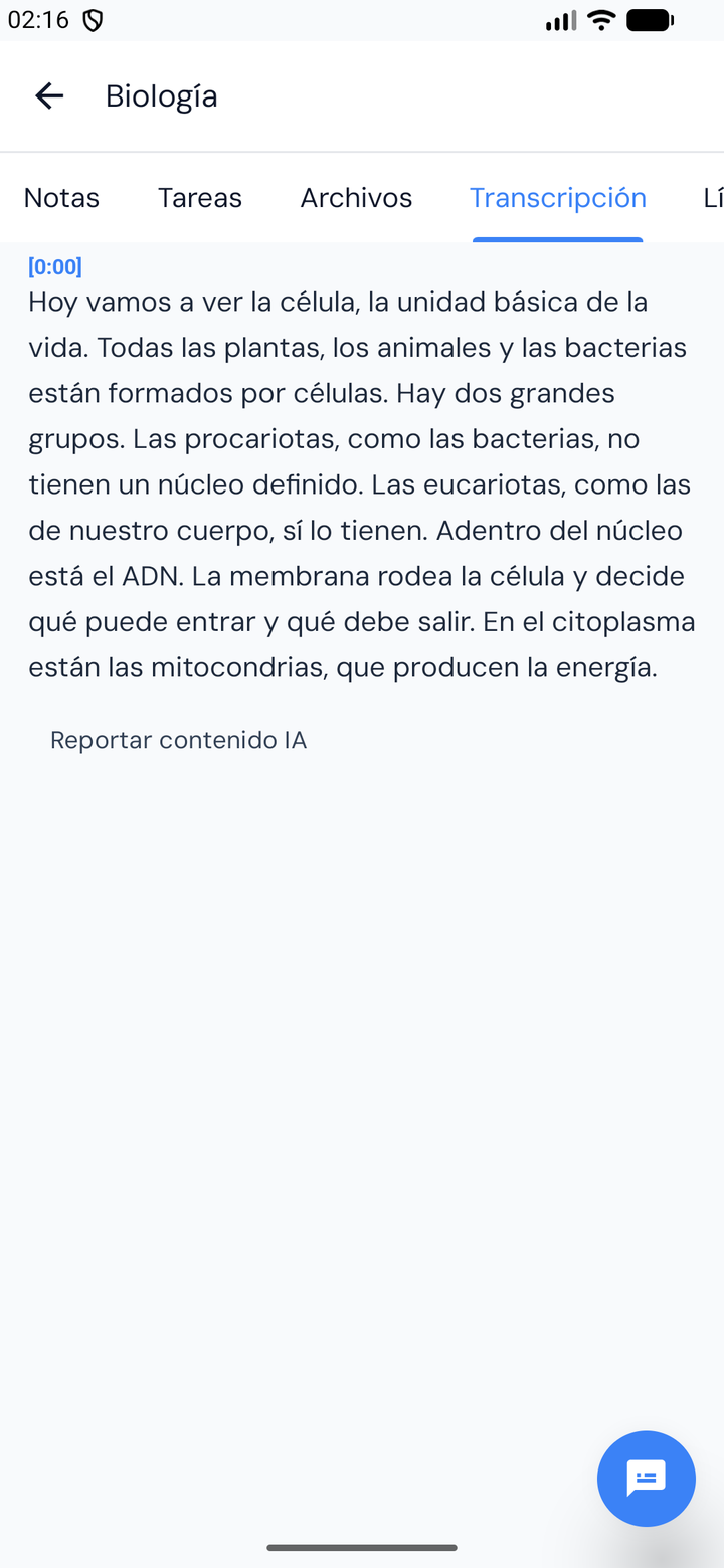 ROBI transcribiendo una clase en vivo en el celular