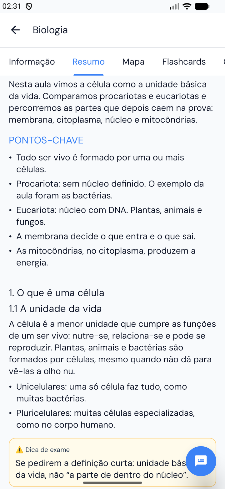 Tela do ROBI mostrando o resumo de uma aula organizado por temas